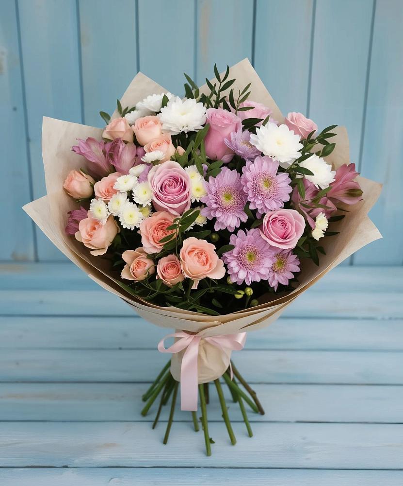 Букет цветов из: Хризантемы, Розы и Альстромерии в Усть-Кинельском