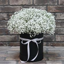 Цветочная композиция из Гипсофила в шляпной коробке в Усть-Кинельском
