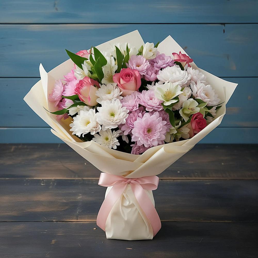 Букет цветов из: Хризантемы, Альстромерии и Розы в Усть-Кинельском